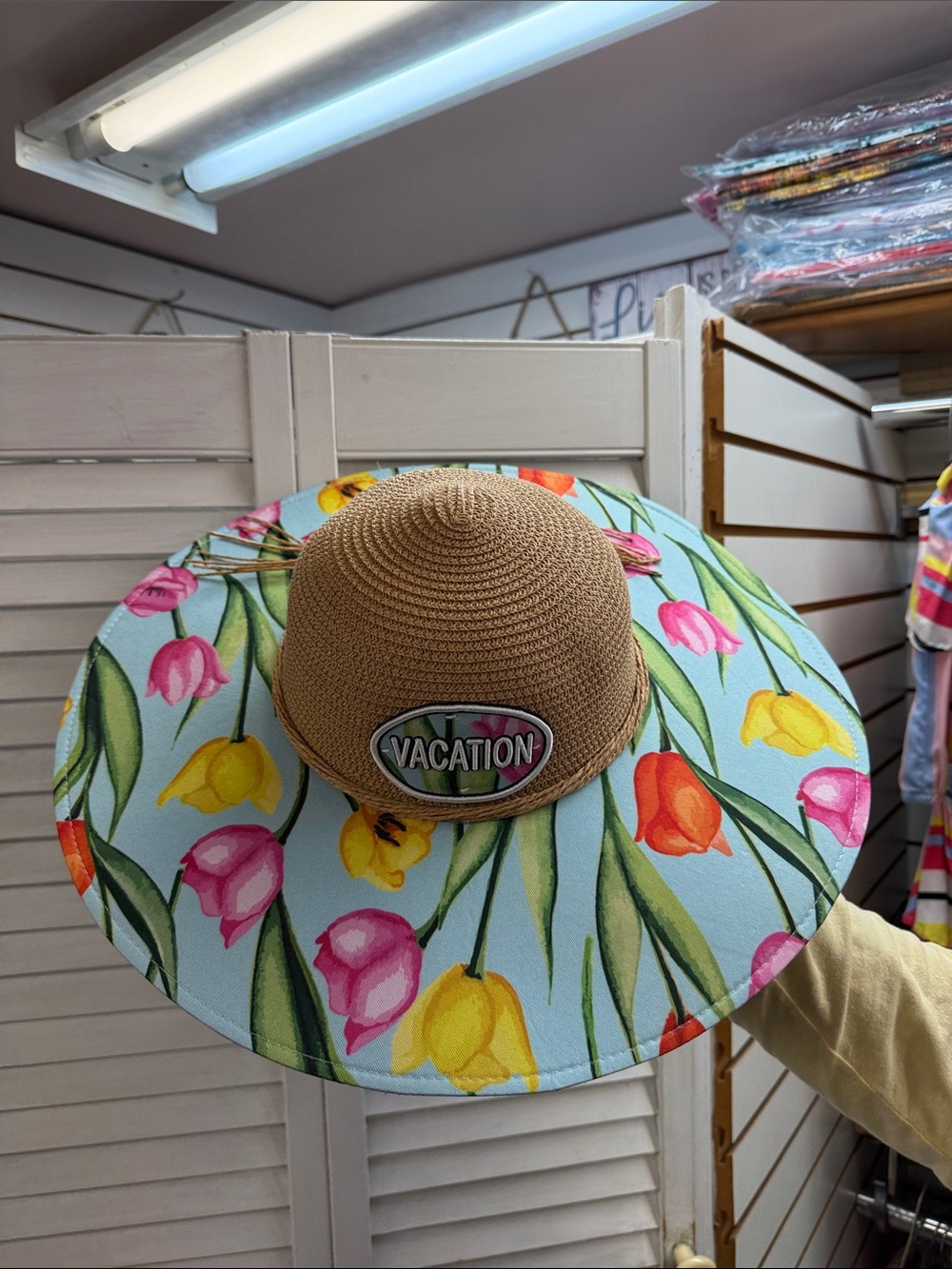 Vacation Floral Wide-Brim Kids Sun Hat - Blue/Tan